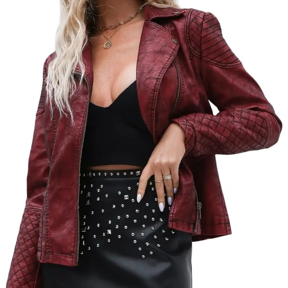 Women's Burgundy Faux Leather Jacket - Picture 4 of 4